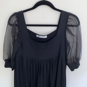 Zara Black Long Dress with Sheer Puff Sleeves